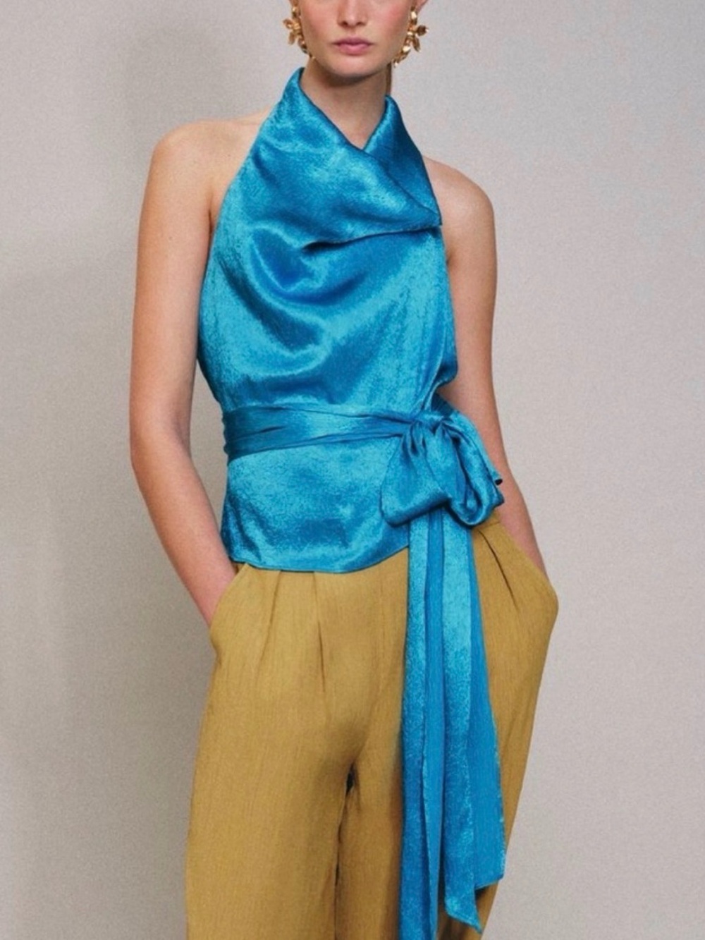 Zara Teal Satin Halter Wrap Tank